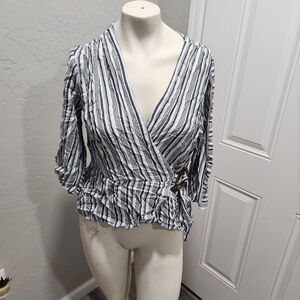 Cato Faux Wrap Blouse Womens SZ L Casual Nautical Beachy Boho Earthy Stripes Art